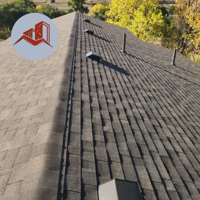 Aerial view of a gray architectural asphalt shingle roof with a roof vent on a suburban home